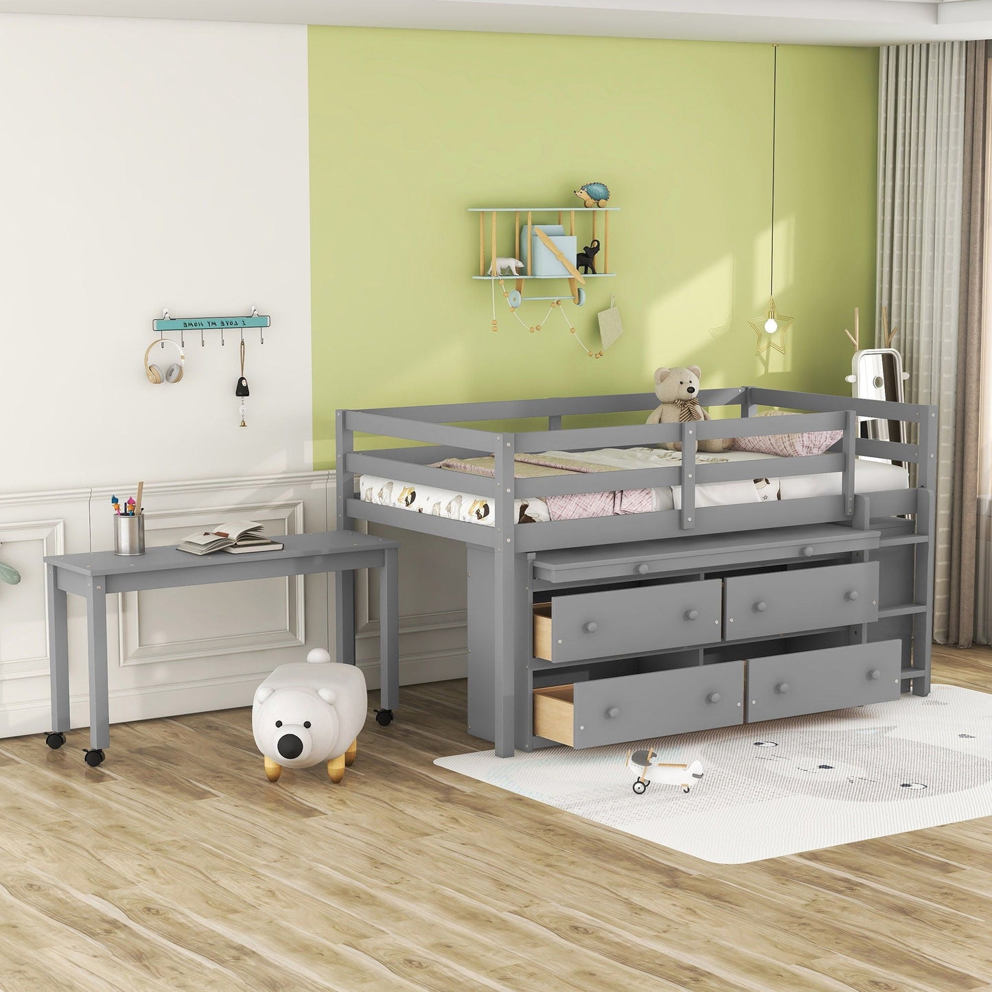 Loft Bed With Retractable Writing Desk And 4 Drawers, With Lateral Portable Desk And Shelves