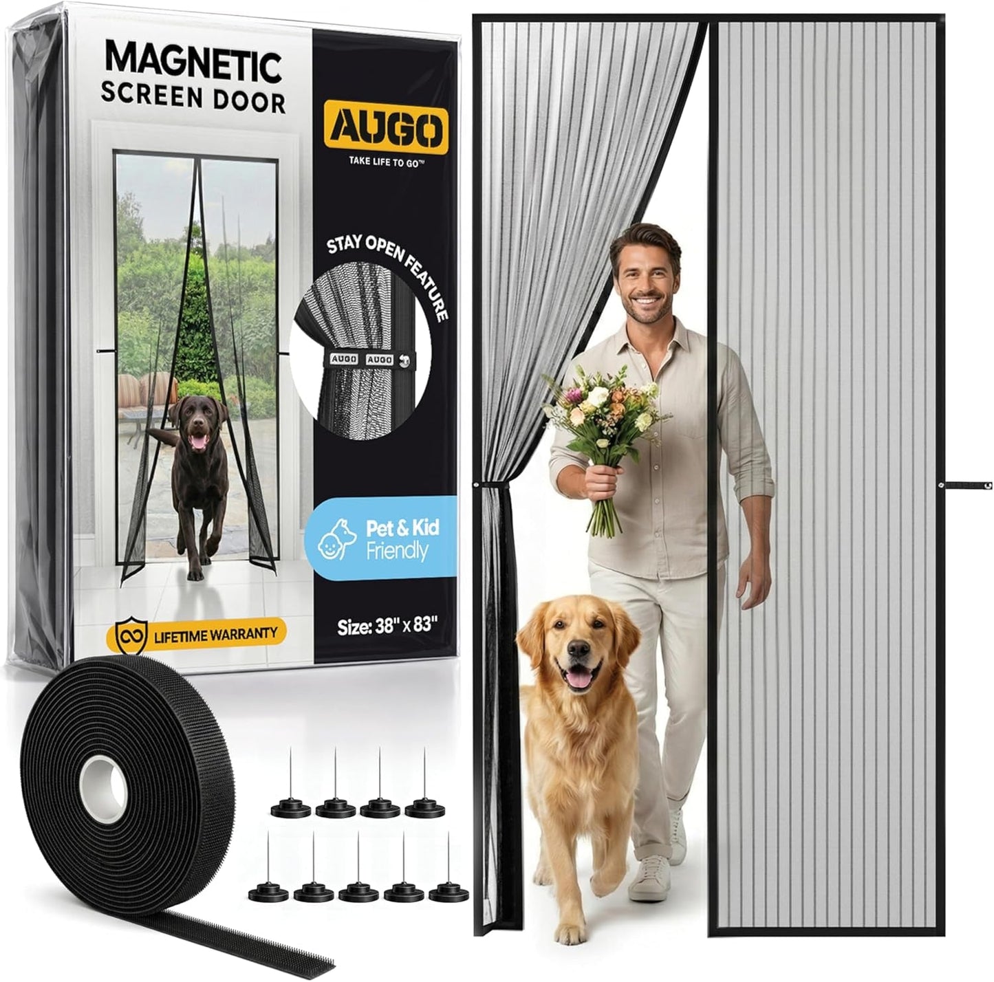 AUGO Heavy Duty Magnetic Screen Door - Self-Sealing Mesh for Ultimate Bug Protection - Ideal for Kids and Pets - 38" x 83" with Innovative Stay Open Feature