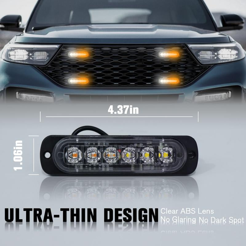 DIBMS Dual Color LED Emergency Strobe Lights - 8X Amber & White 6 LED Warning Light Bar for Cars, Trucks, Vans, ATVs & SUVs - Surface Mount Hazard Lights
