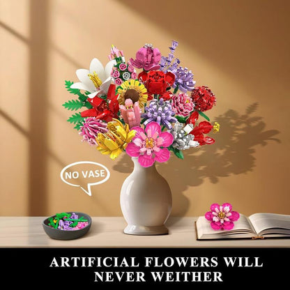 PLAXSOON 1461PCS Flower Bouquet Building Blocks, 18 Flowers & Fruit Ornaments, Everlasting Home Decor, Valentine Birthday Gift for Adults Women Kids 8+
