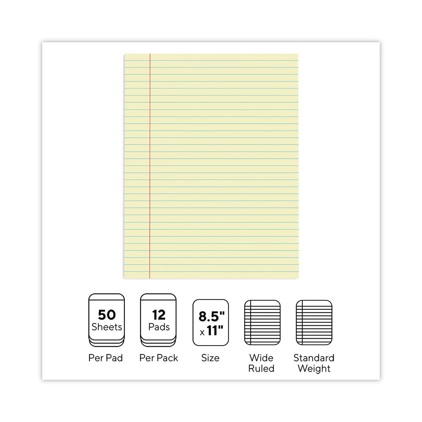 Universal Glue Top Pads, Wide/Legal Rule, 50 Canary-Yellow 8.5 x 11 Sheets, Dozen