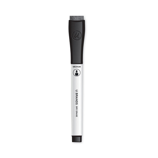 U Brands Medium Point Low-Odor Dry-Erase Markers with Erasers, Medium Bullet Tip, Black, Dozen