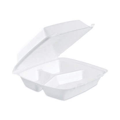 Dart Insulated Foam Hinged Lid Containers, 3-Compartment. 7.9 x 8.4 x 3.3, White, 200/Carton