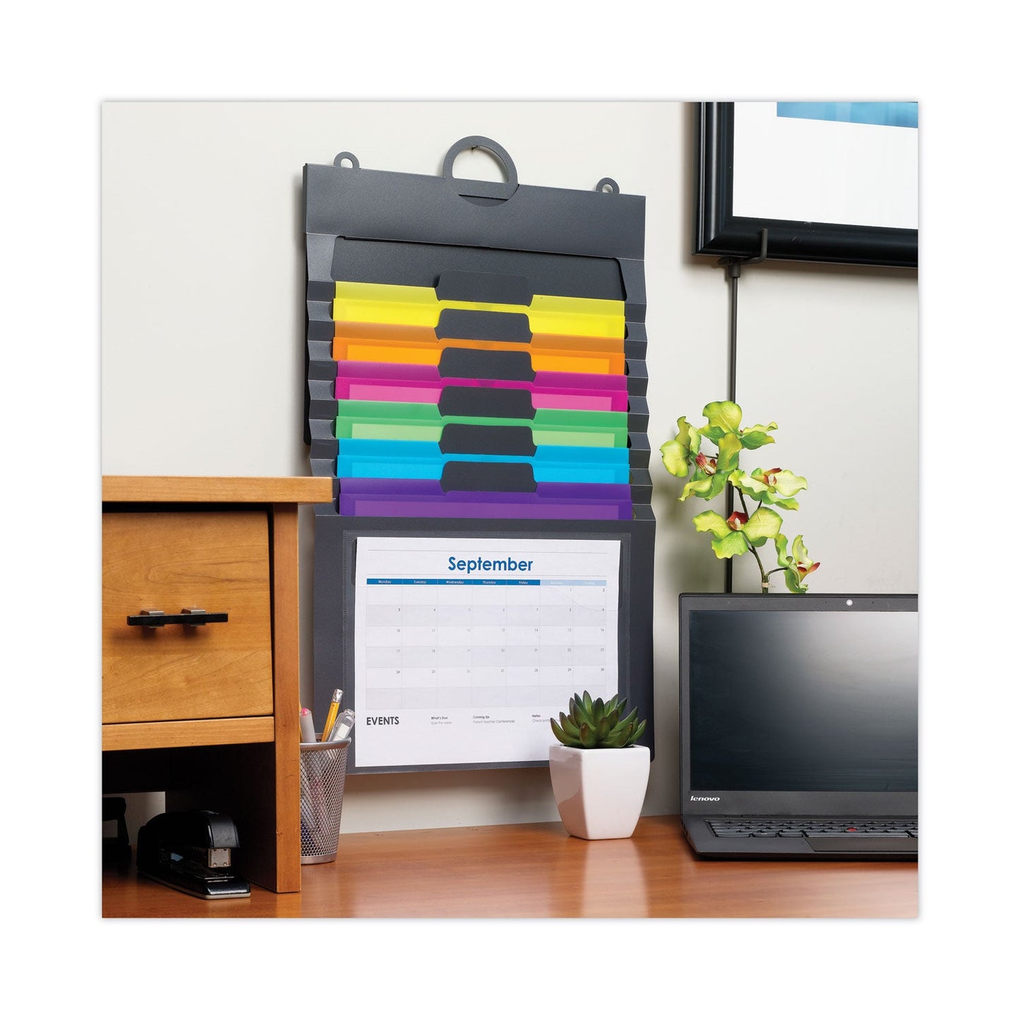 Smead Cascading Wall Organizer, 6 Sections, Letter Size, 14.25 x 24.25, Gray, Neon Green, Neon Orange, Neon Pink, Purple, Yellow