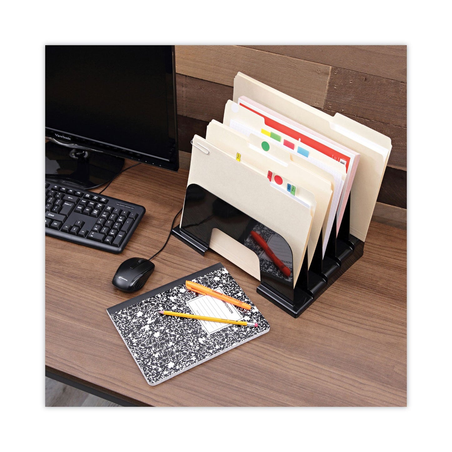 Universal Recycled Plastic Incline Sorter, 5 Sections, Letter Size Files, 13.25" x 9" x 9", Black