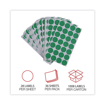 Universal Self-Adhesive Removable Color-Coding Labels, 0.75" dia, Green, 28/Sheet, 36 Sheets/Pack