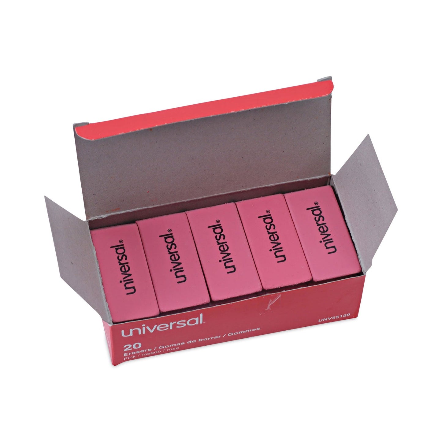 Universal Bevel Block Erasers, For Pencil Marks, Slanted-Edge Rectangular Block, Large, Pink, 20/Pack