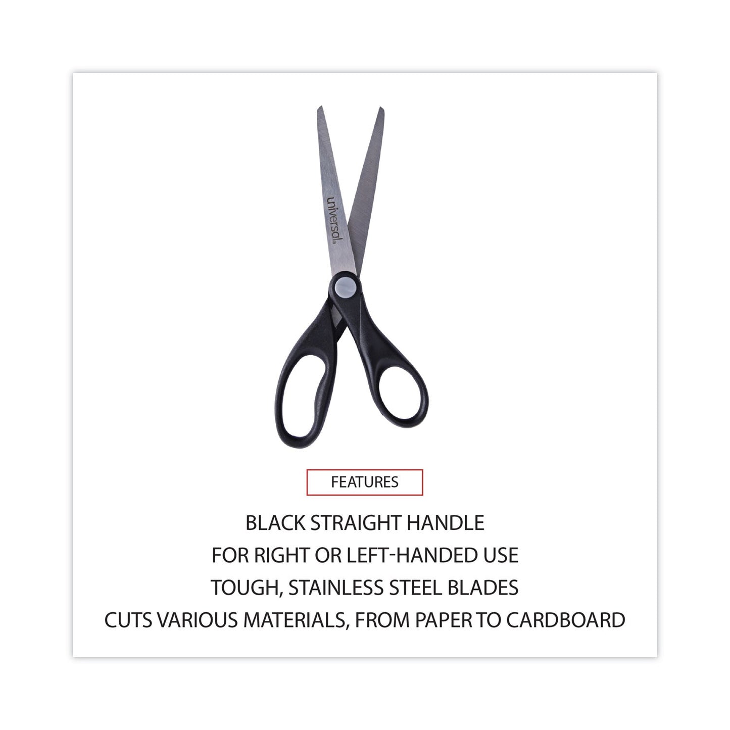 Universal Stainless Steel Office Scissors, Pointed Tip, 7" Long, 3" Cut Length, Black Straight Handle
