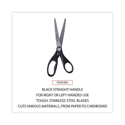 Universal Stainless Steel Office Scissors, Pointed Tip, 7" Long, 3" Cut Length, Black Straight Handle