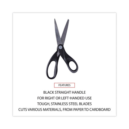 Universal Stainless Steel Office Scissors, 8" Long, 3.75" Cut Length, Black Straight Handle