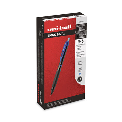 uniball 307 Gel Pen, Retractable, Micro 0.5 mm, Blue Ink, Black Barrel, Dozen