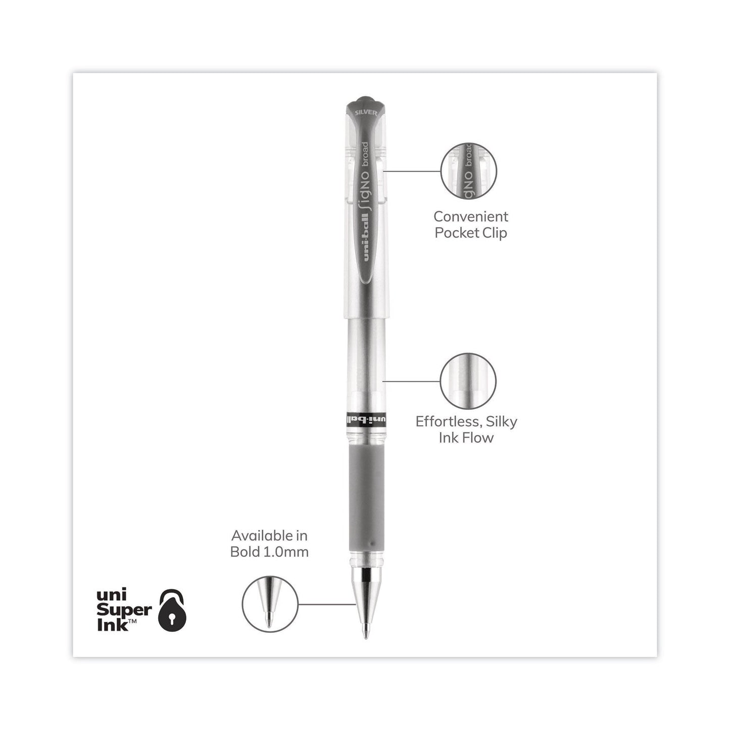 uniball IMPACT Gel Pen, Stick, Medium 1 mm, Silver Metallic Ink, Silver Barrel