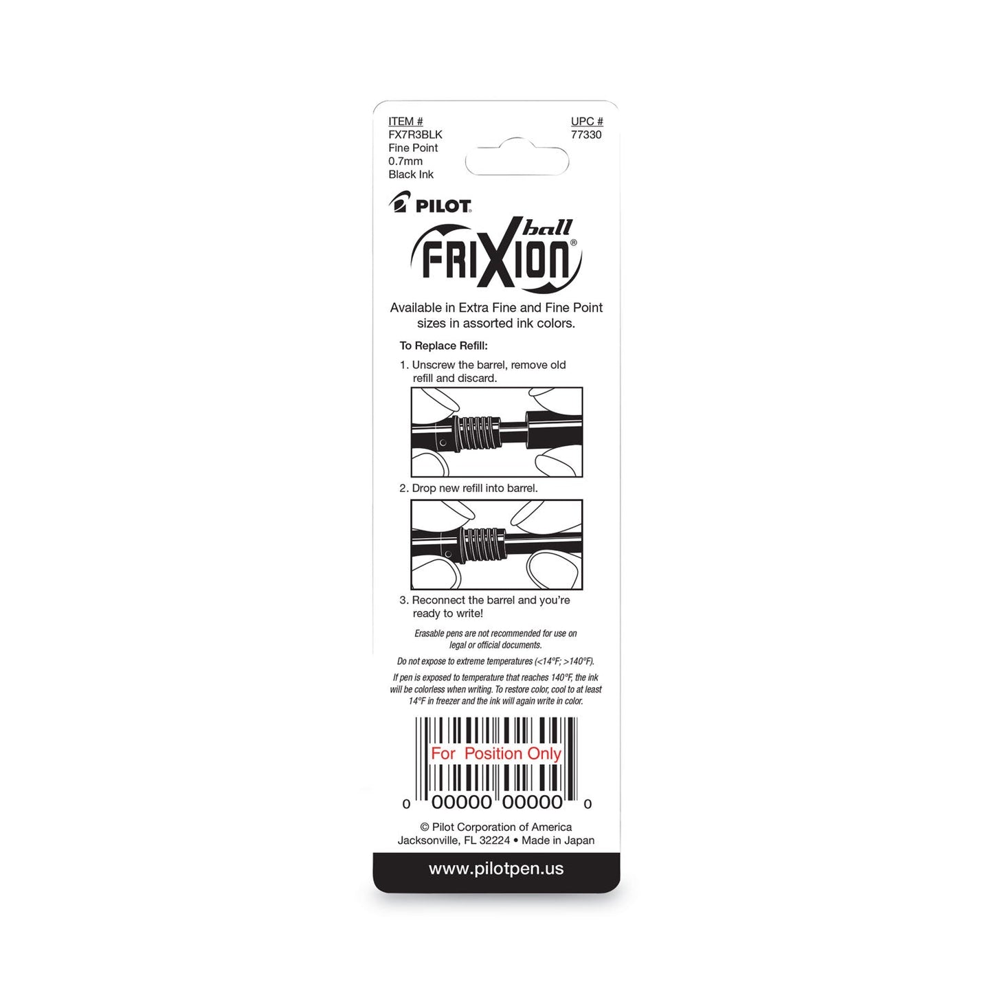 Pilot Refill for Pilot FriXion Erasable, FriXion Ball, FriXion Clicker and FriXion LX Gel Ink Pens, Fine Tip, Black Ink, 3/Pack