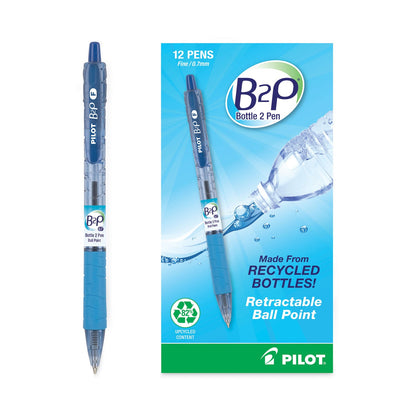 Pilot B2P Bottle-2-Pen Recycled Ballpoint Pen, Retractable, Fine 0.7 mm, Blue Ink, Translucent Blue Barrel, Dozen
