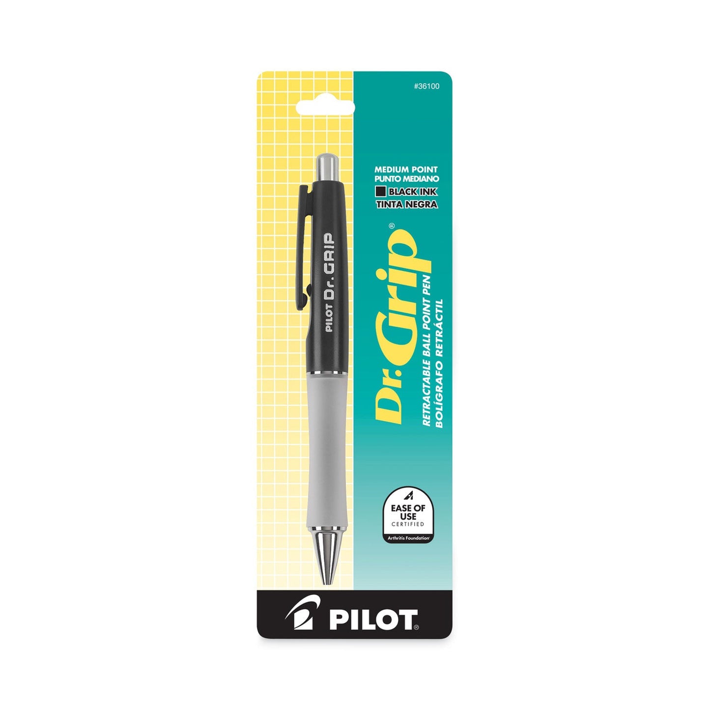 Pilot Dr. Grip Ballpoint Pen, Retractable, Medium 1 mm, Black Ink, Black Barrel