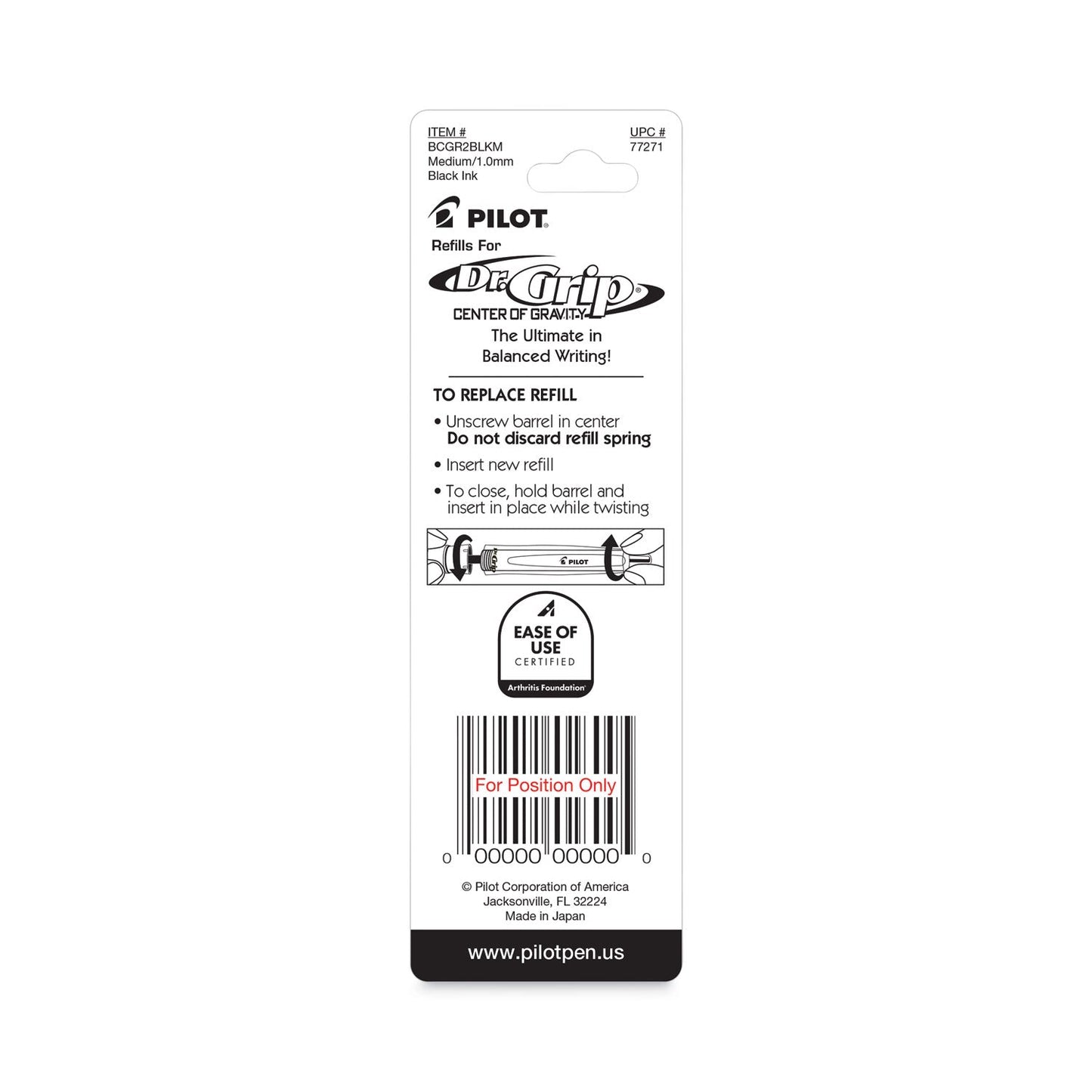 Pilot Refill for Pilot Dr. Grip Center of Gravity Ballpoint Pens, Medium Conical Tip, Black Ink, 2/Pack