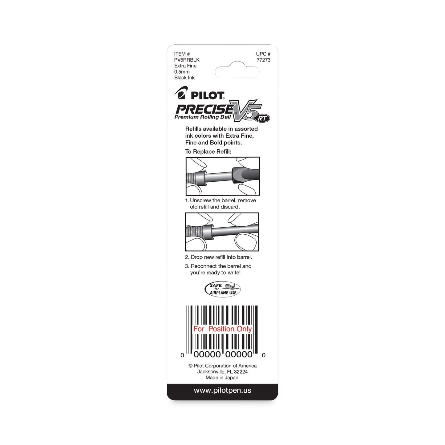 Pilot Refill for Pilot Precise V5 RT Rolling Ball, Extra-Fine Conical Tip, Black Ink, 2/Pack