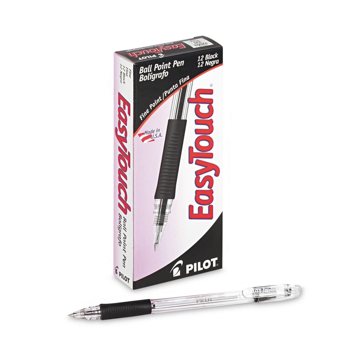 Pilot EasyTouch Ballpoint Pen, Stick, Fine 0.7 mm, Black Ink, Clear Barrel, Dozen