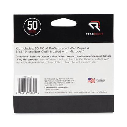 Read Right AllScreen Screen Cleaning Kit, 50 Individually Wrapped Presaturated Wipes, 1 Microfiber Cloth/Box
