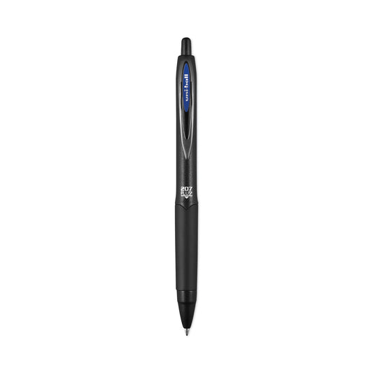 uniball 207 Plus+ Gel Pen, Retractable, Medium 0.7 mm, Blue Ink, Black Barrel, Dozen