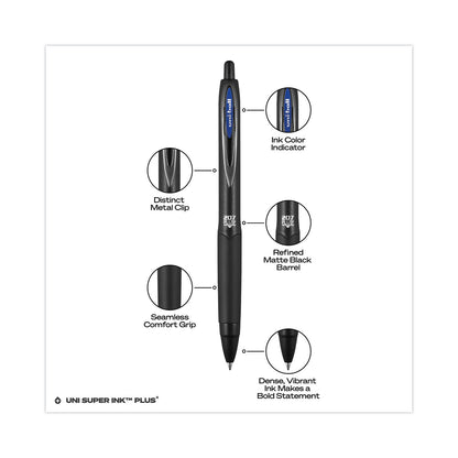 uniball 207 Plus+ Gel Pen, Retractable, Medium 0.7 mm, Blue Ink, Black Barrel, Dozen