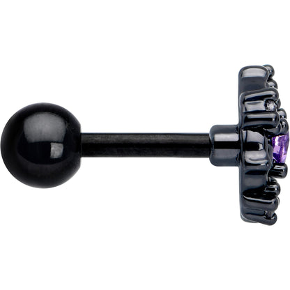 16G 1/4 Purple CZ Gem Black Flower Ring Cartilage Tragus Earring