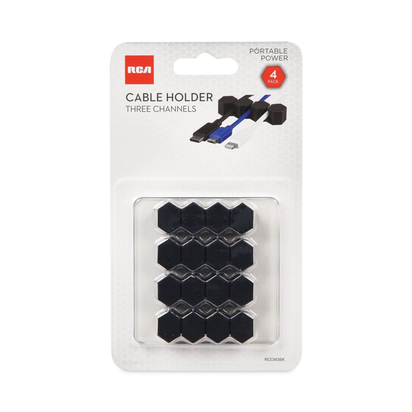 RCA Three Channel Cable Holder, 2" x 2", Black, 4/Pack
