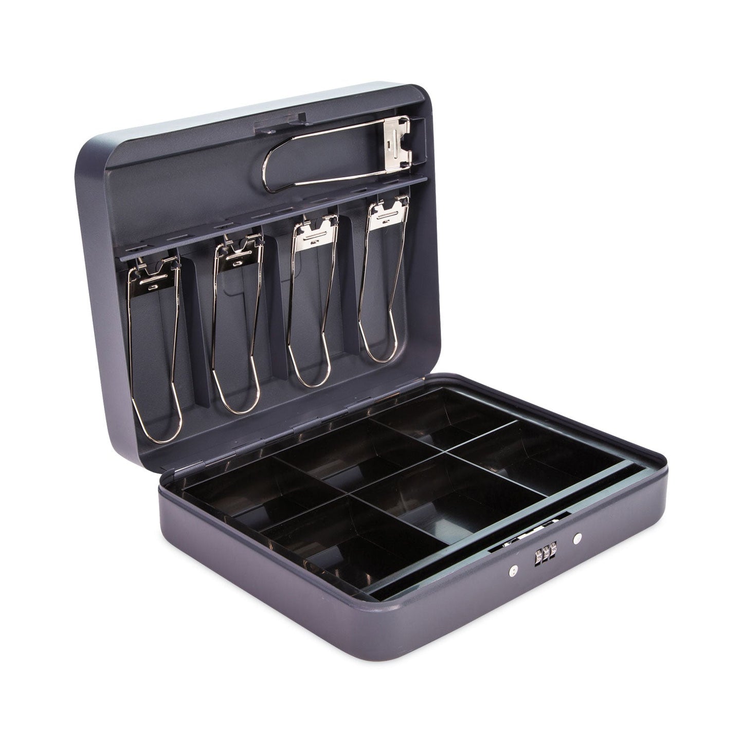 CONTROLTEK Cash Box with Combination Lock, 6 Compartments, 11.8 x 9.5 x 3.2, Charcoal