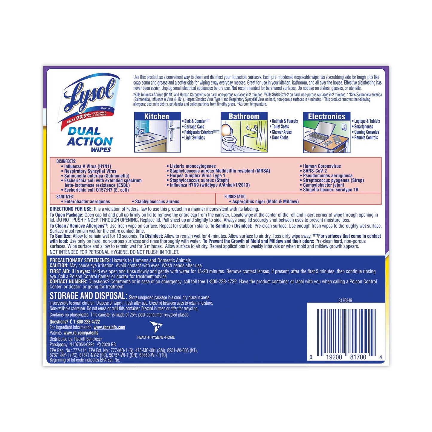 LYSOL Dual Action Disinfecting Wipes, 7 x 7.5, Citrus, White/Purple, 75/Canister