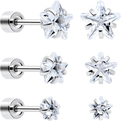 Clear Star CZ Flat Back Stud Earrings - 3 Pairs