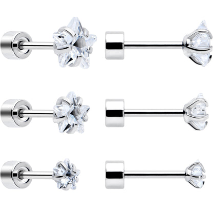Clear Star CZ Flat Back Stud Earrings - 3 Pairs