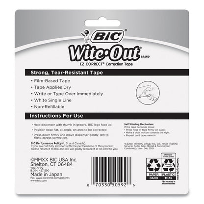 BIC Wite-Out EZ Correct Correction Tape, Non-Refillable, Blue/Orange Applicators, 0.17" x 472", 2/Pack