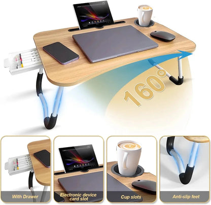PHANCIR Escritorio Plegable Para Regazo, Mesa Portátil De Madera Para Laptop De 23.6 Pulgadas, Organizador De Oficina Para Espacio De Trabajo, Bandeja Para Cama Y Sofá Con Ranuras/Portavasos/Cajón, Antideslizante Para Leer Escribir Comer Ver, Nogal