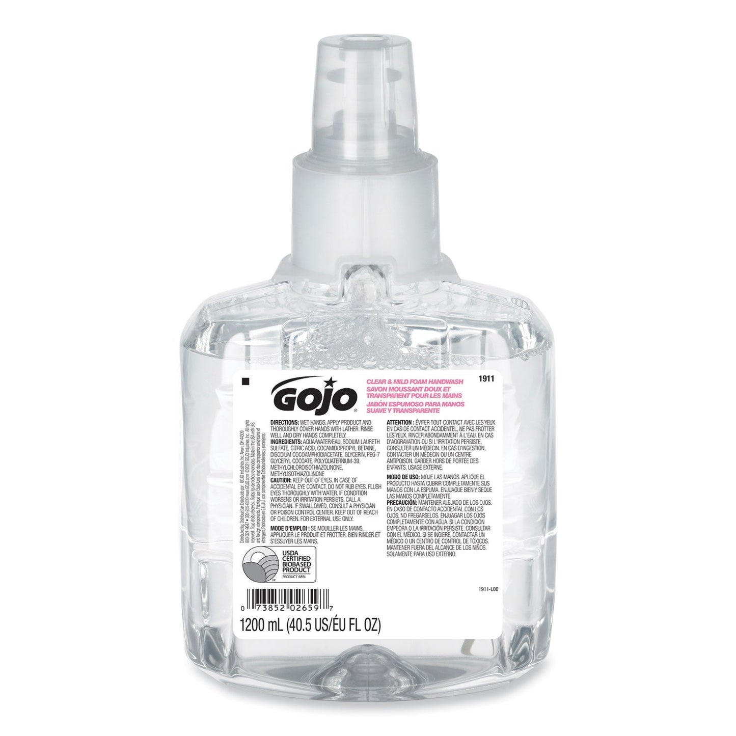 GOJO Clear and Mild Foam Handwash Refill, For GOJO LTX-12 Dispenser, Fragrance-Free, 1,200 mL Refill, 2/Carton
