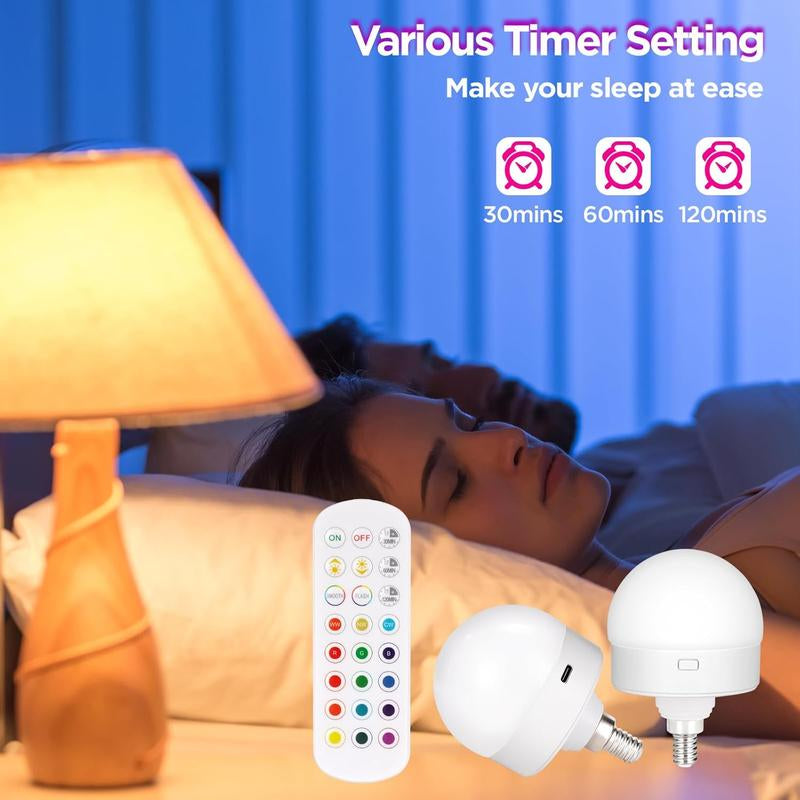 2-Pack E12 Rechargeable Battery Operated Light Bulb with Remote, Dimmable LED Bulb with 15 Colors Selectable & 3 Timer, Wireless Detachable Puck Light Bulb for Wall Sconce, Non-Hardwired