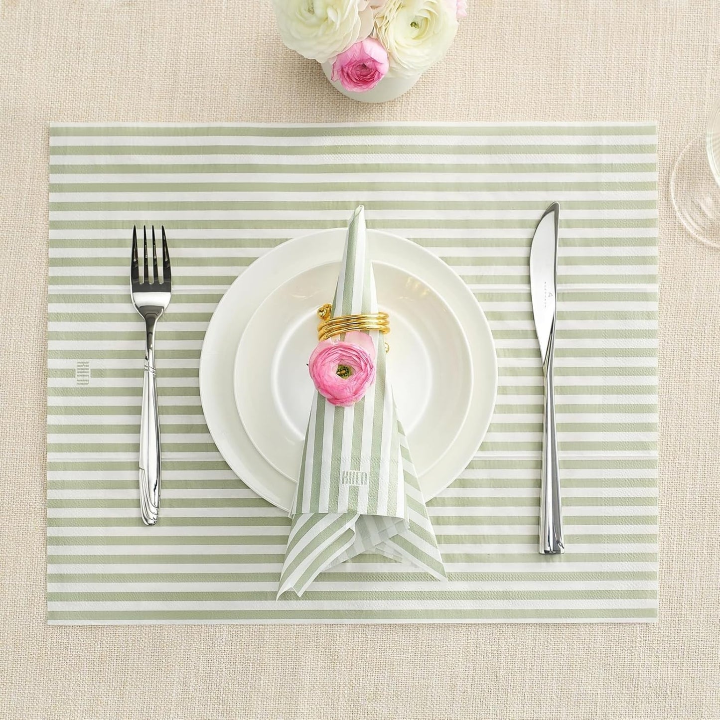 Tonal Striped Disposable Napkin Set in Green, 50 Pieces