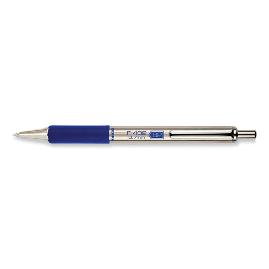 Zebra F-402 Ballpoint Pen, Retractable, Fine 0.7 mm, Blue Ink, Stainless Steel/Blue Barrel