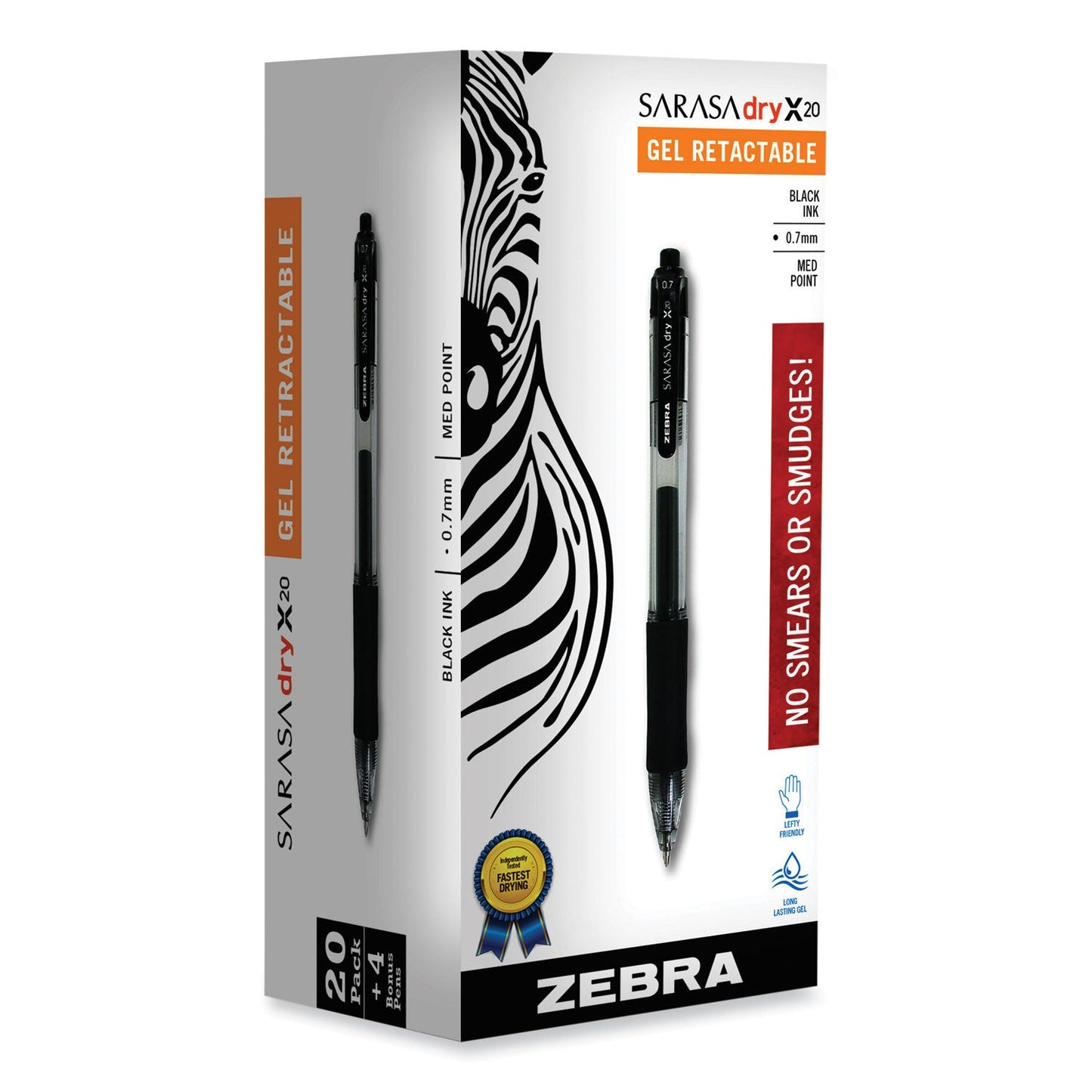 Zebra Sarasa Dry Gel X20 Gel Pen Value Pack, Retractable, Medium 0.7 mm, Black Ink, Smoke Barrel, 24/Box