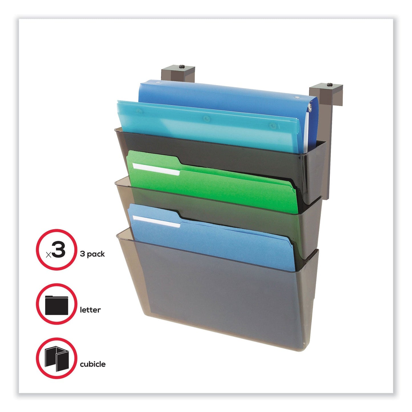 deflecto DocuPocket Three-Pocket File Partition Set, 3 Sections, Letter Size, 13" x 7" x 20", Smoke, 3/Set
