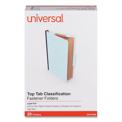 Universal Six-Section Classification Folders, Heavy-Duty Pressboard Cover, 2 Dividers, 2.5" Expansion, Legal Size, Light Blue, 20/Box