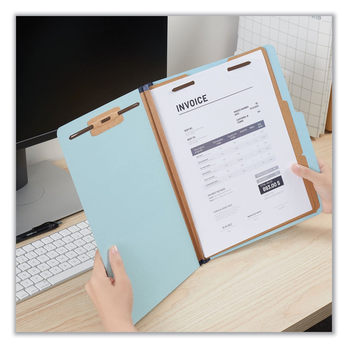 Universal Six-Section Classification Folders, Heavy-Duty Pressboard Cover, 2 Dividers, 2.5" Expansion, Letter Size, Light Blue, 20/Box