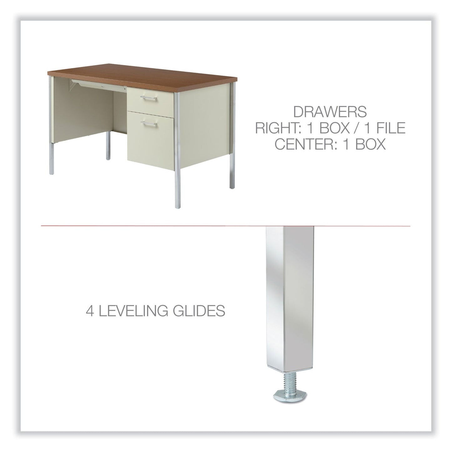Alera Single Pedestal Steel Desk, 45.25" x 24" x 29.5", Cherry/Putty