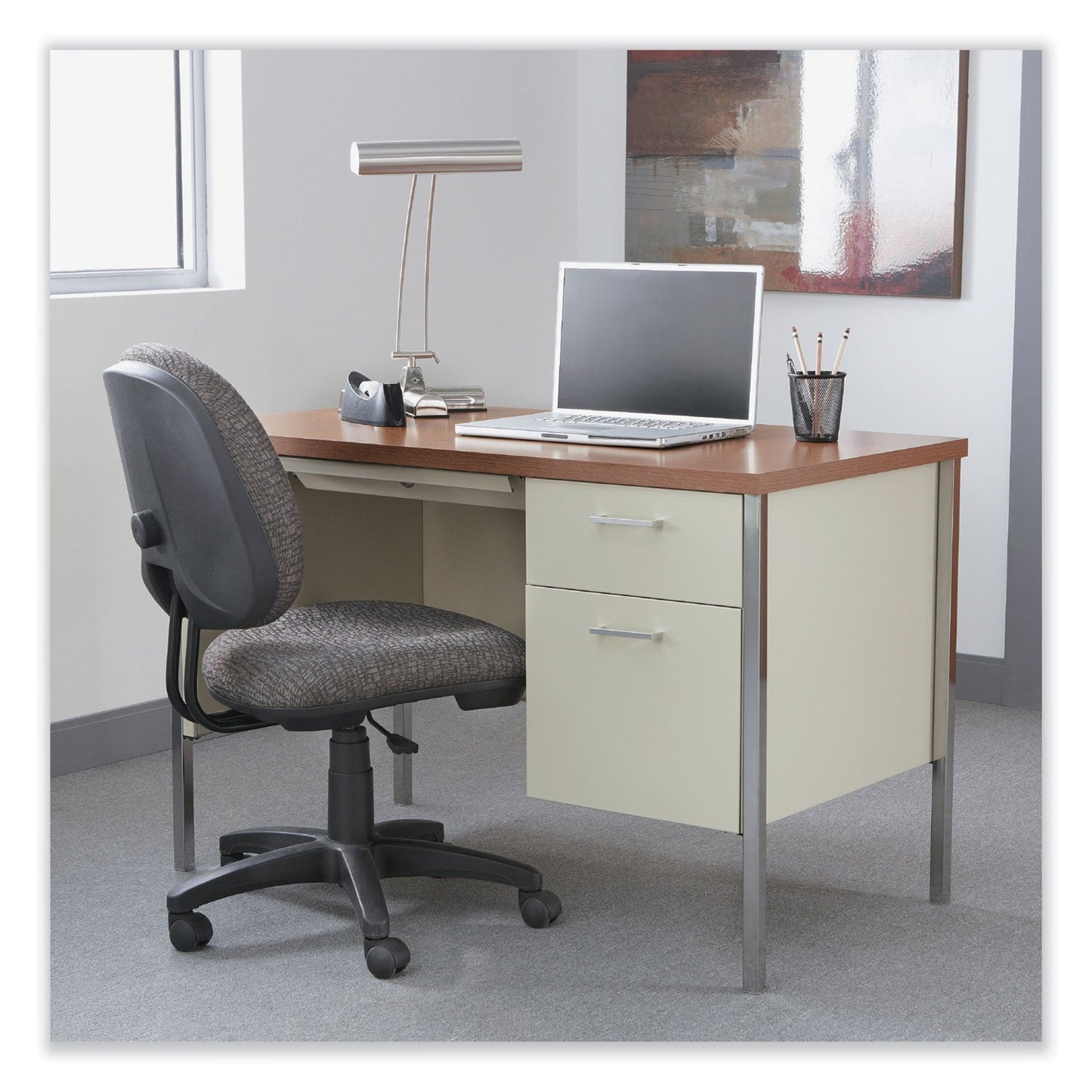 Alera Single Pedestal Steel Desk, 45.25" x 24" x 29.5", Cherry/Putty