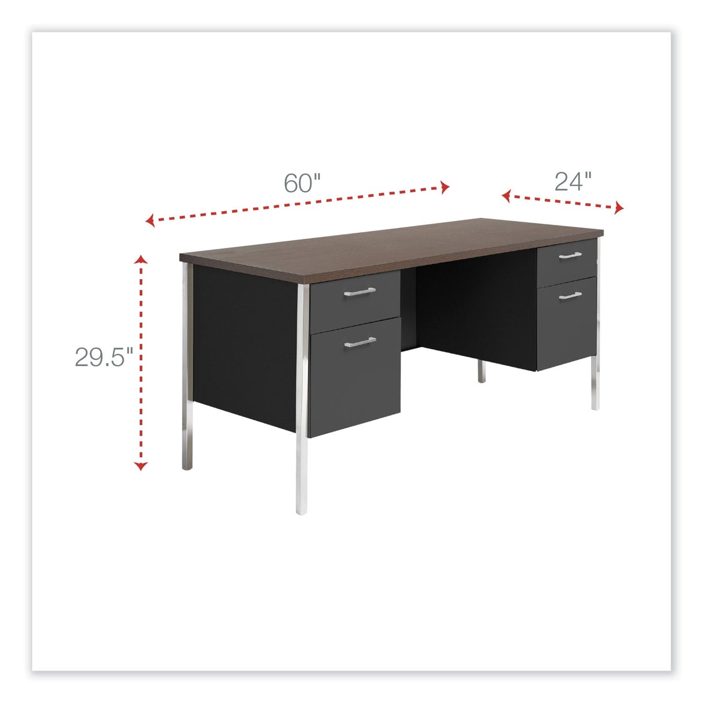 Alera Double Pedestal Steel Credenza, 60w x 24d x 29.5h, Mocha/Black