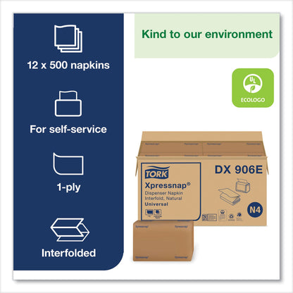 Tork Xpressnap Interfold Dispenser Napkins, 2-Ply, Bag-Pack, 13 x 8.5, Natural, 500/Pack, 12 Packs/Carton