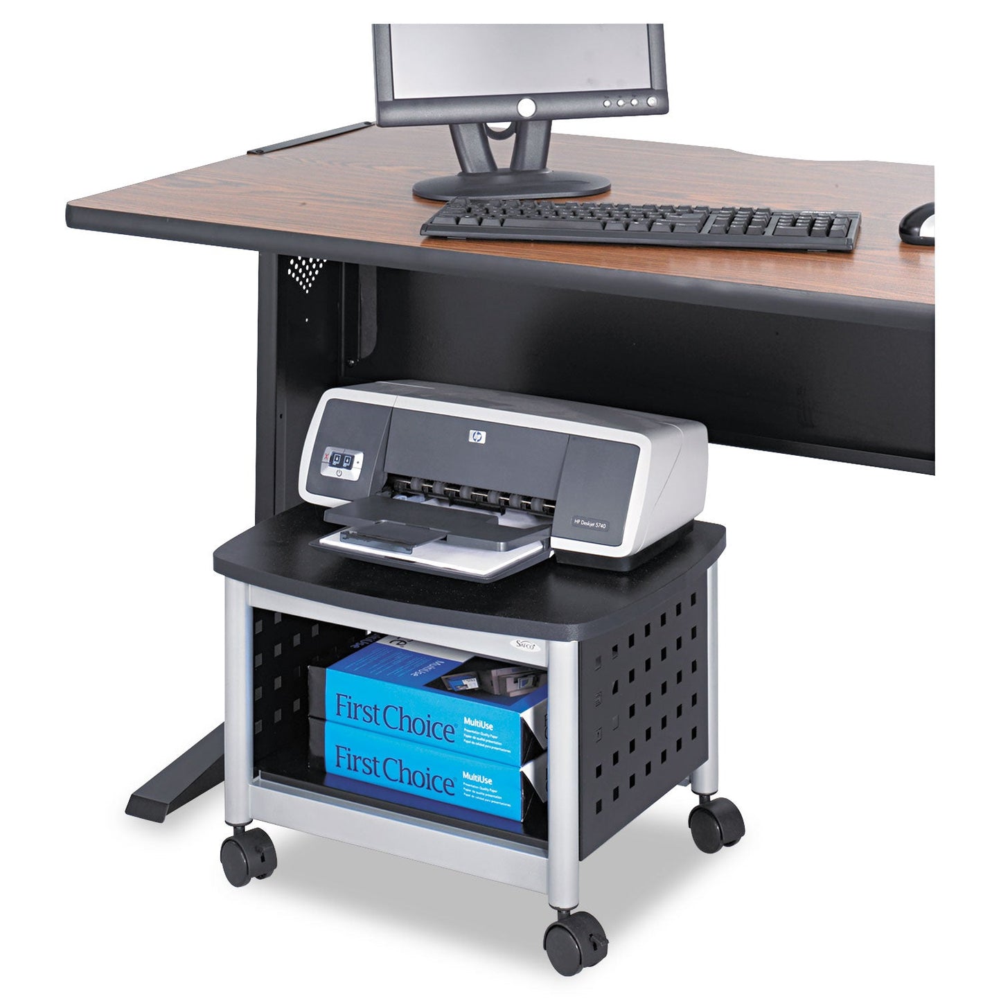 Safco Scoot Under-Desk Printer Stand, Metal, 2 Shelves, 100 lb Capacity, 20.25" x 16.5" x 14.5", Black/Silver