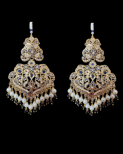 DNS204 Neeli jadau necklace with earrings tika in sapphire zircon(READY TO SHIP  )