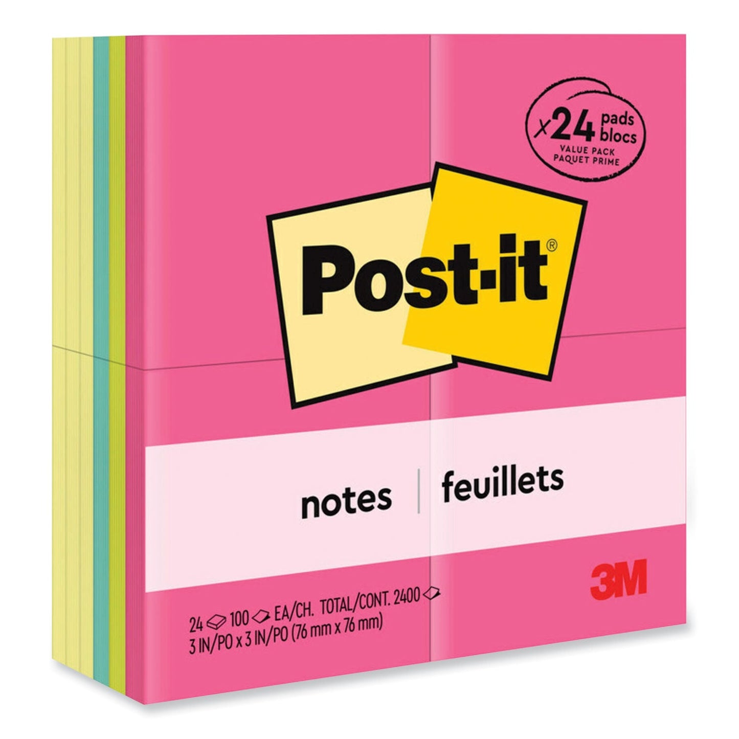 Post-it Original Pads Assorted Value Pack, 3" x 3", (12) Canary Yellow, (12) Poptimistic Collection, 100 Sheets/Pad, 24 Pads/Pack