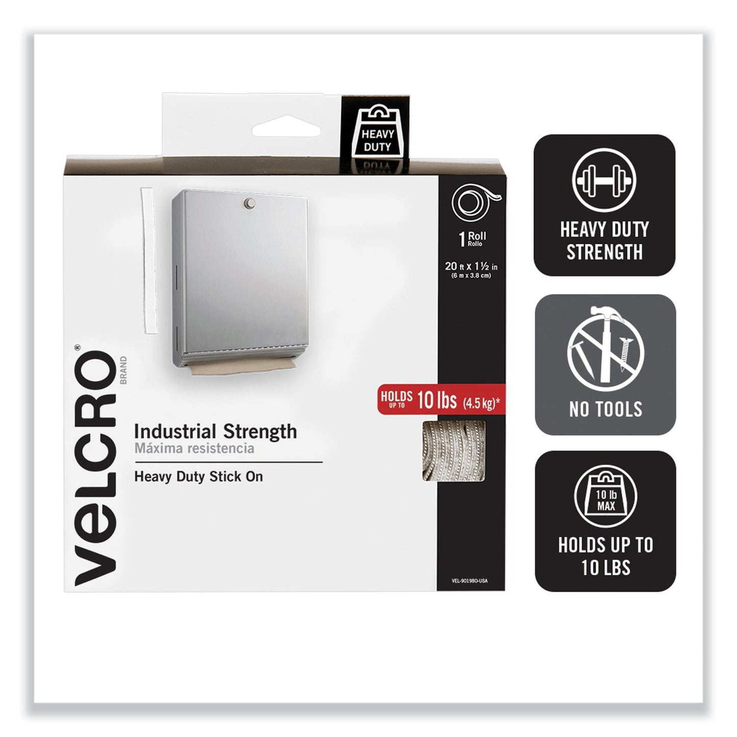 VELCRO Industrial-Strength Heavy-Duty Fasteners with Dispenser Box, 2" x 15 ft, White