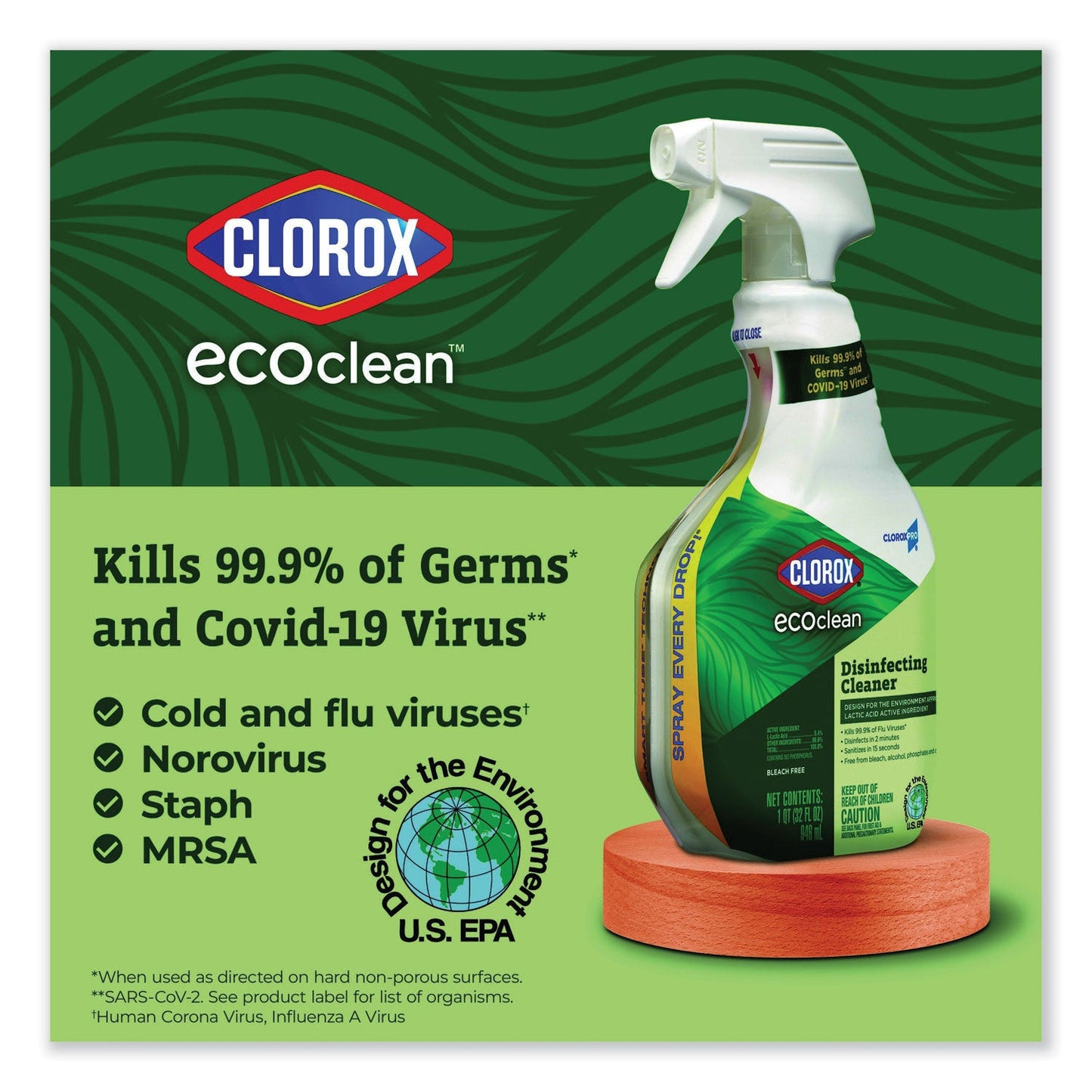 Clorox Pro EcoClean Disinfecting Cleaner, Unscented, 32 oz Spray Bottle, 9/Carton